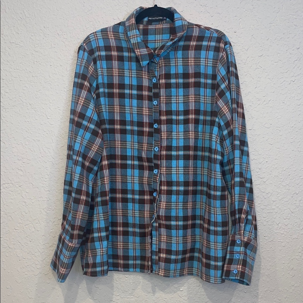 PrettyLittleThing Blue and Brown Plaid Button Down Shirt